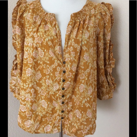 Free People boho top cotton puffy sleeves mustard - Picture 3 of 10